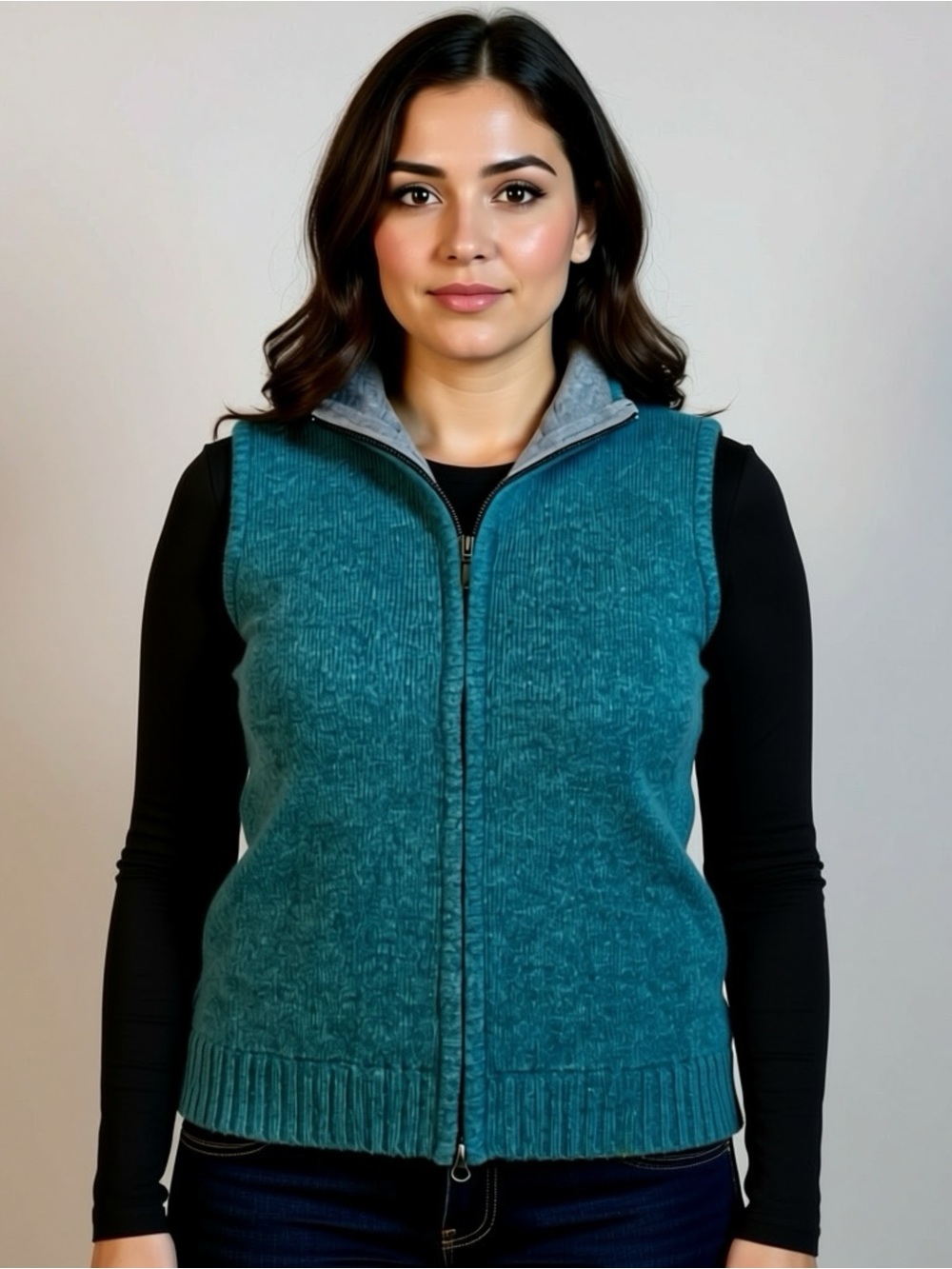 Eddie Bauer Lambs Wool Full Zip Sweater Vest Womens Medium Blue Y2K 90s Preppy
